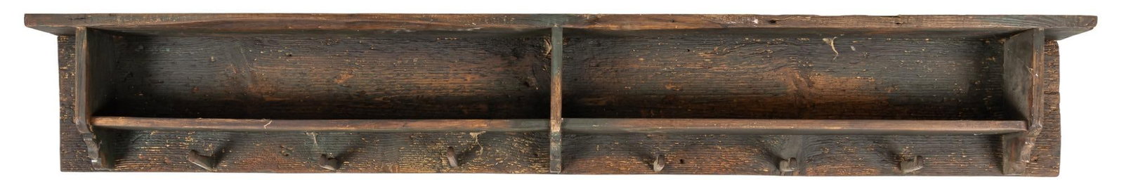 Farmhouse Rack: Rustic farmhouse rack, with storage shelf compartments, above six hooks height 12.5 in. x width 82 in. x depth 7 in. We happily provide seamless shipping services on everything we sell. Please email u