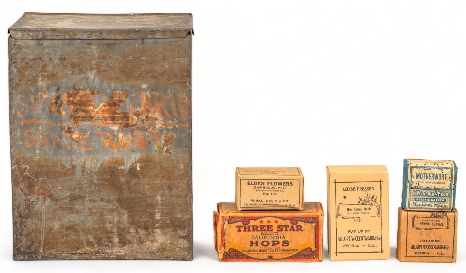 Collection of Vintage Country Store Herbs: Collection of vintage country store herbs and spices, in original packaging, including elderflower, hops, hoarhound, henna leaves, and motherwort, also includes tin storage box height 9.5 in. x width 