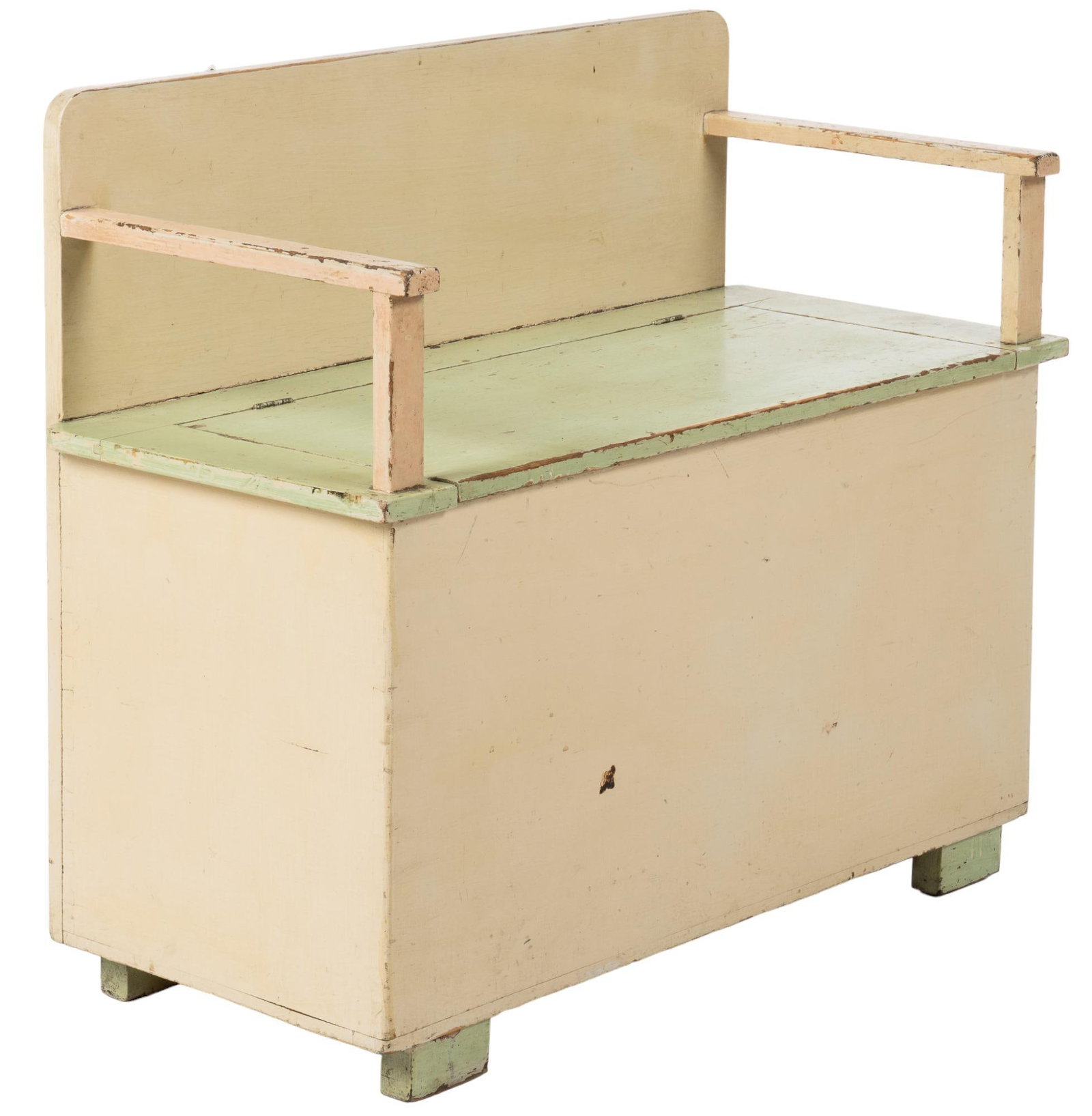 Painted Farmhouse Bench: Small painted two-tone farmhouse bench, with storage compartment beneath seat height 33.5 in. x width 37 in. x depth 18 in. We happily provide seamless shipping services on everything we sell. Please 
