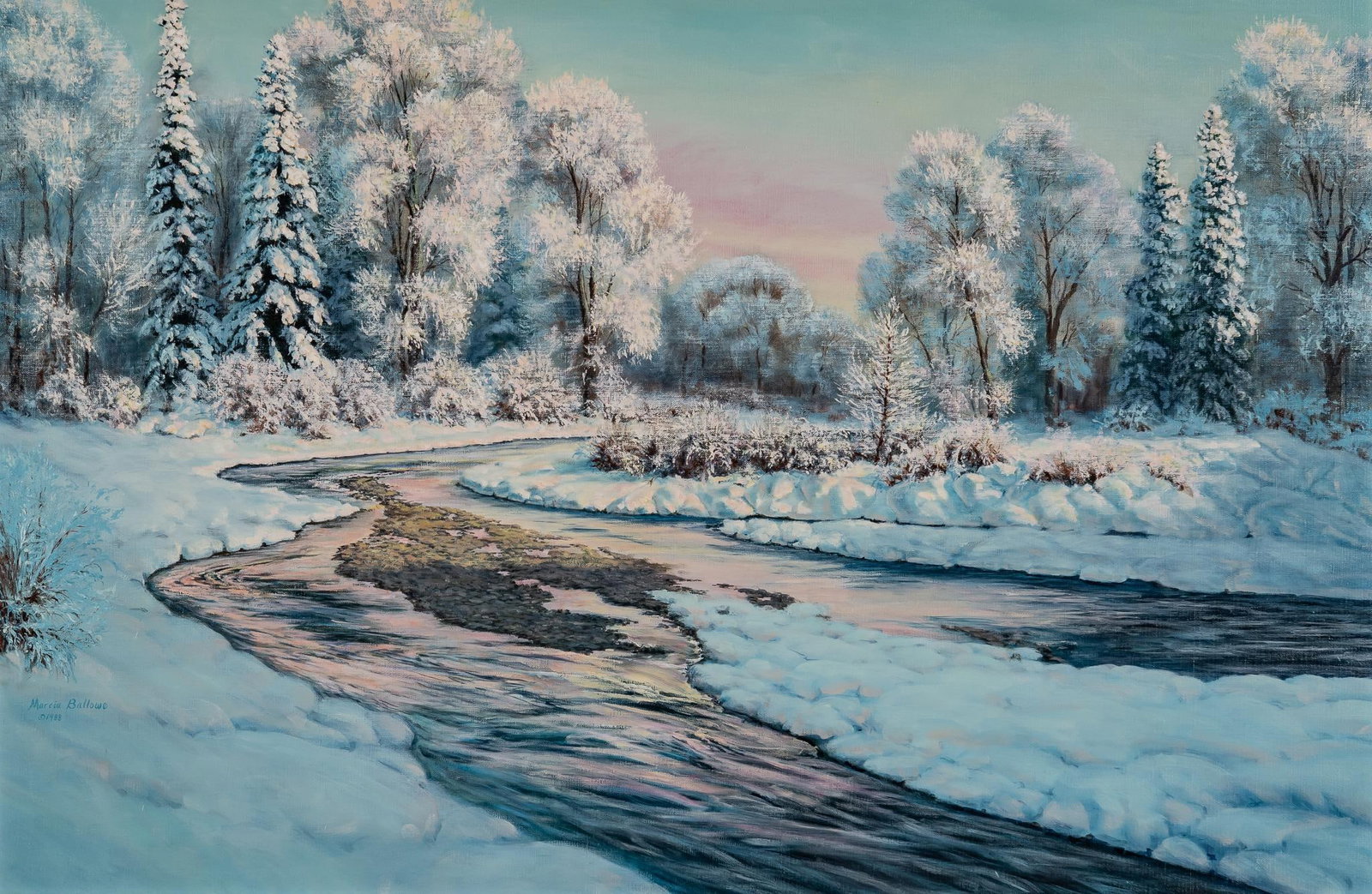 Marcia Ballowe, "Clarks Fork of the Yellowstone River", 1988: Marcia Ballowe (Montana, b. 1950), "Clarks Fork of the Yellowstone River", 1988, oil on oil primed linen sight: 22 x 34 in., frame: 35.5 x 47.5 in. Provenance: Property from an Oklahoma City, 