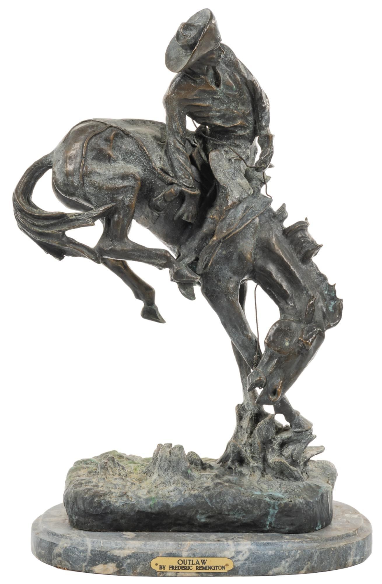 Frederic Remington, "Outlaw": Frederic Remington (Canton, New York, 1861-1909), "Outlaw", bronze restrike sculpture on black marble base height 24 in. x width 16 in. x depth 9 in. Provenance: Property from a large collecti
