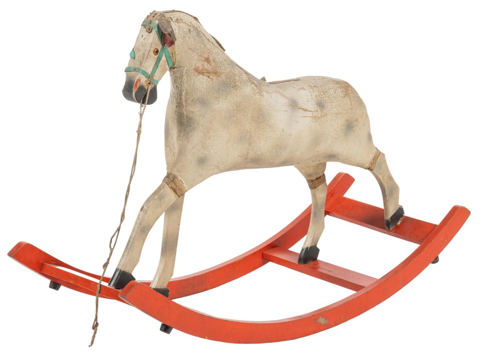 Vintage Rocking Horse: Vintage rocking horse, painted wood and burlap height 28 in. x width 40 in. x depth 15.5 in. We happily provide seamless shipping services on everything we sell. Please email us at shipping@vogtau