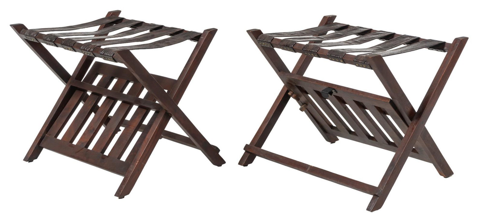 (2) Luggage Racks: (2) vintage folding wooden luggage racks, x-frame height 21 in. x width 18 in. x depth 25 in. Provenance: Property from the estate of John Klauss, Boerne, Texas We happily provide seamless shipping se