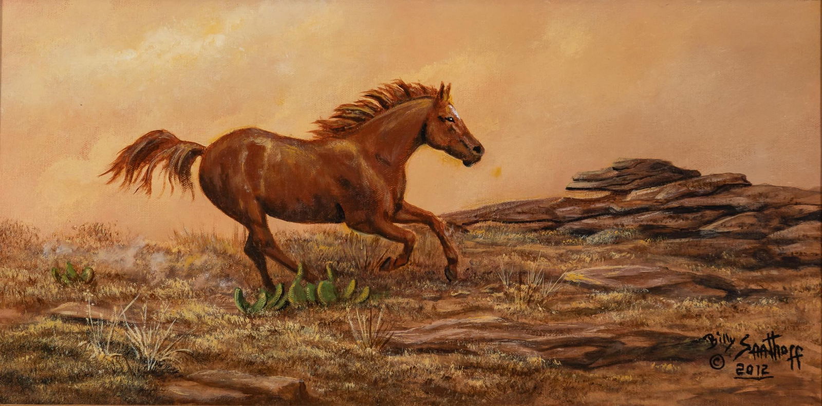 Billy Saathoff, Horse in Desert, 2012: Billy Saathoff (Texas, 1932-2017), running horse in desert, 2012, oil on canvas sight: 10 x 20 in., frame: 18.5 x 28 in. Provenance: Property from the estate of the artist, Helotes, Texas We happil