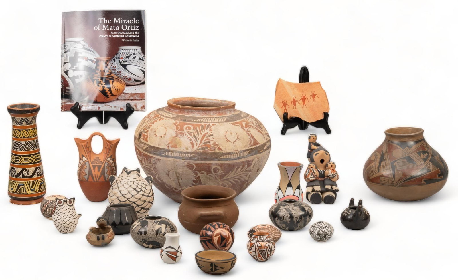 Collection of Southwestern Pottery: Collection of pottery, mostly Southwestern, to include Mata Ortiz, Acoma, Santo Domingo, and Hopi examples, featuring signed works by artists such as Celia Ortega (Mata Ortiz, Mexico), Garcia (Santo D