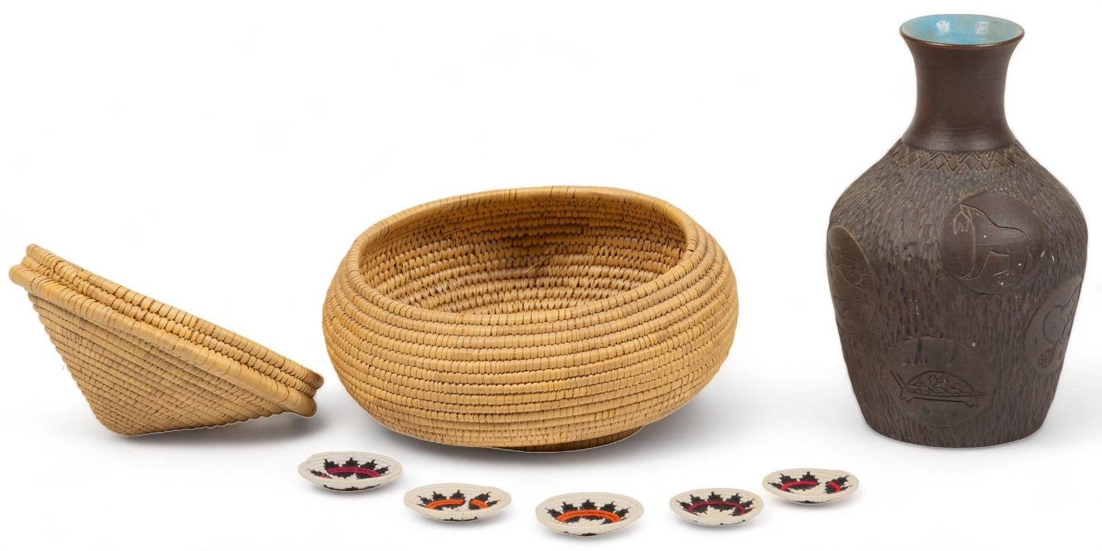 Collection of Native American Home Decor Accents: Collection of Native American home decor accents, to include one ceramic vase, with blue glazed interior, featuring modeled and incised exterior, signed on base, one woven basket, five Navajo wedding 