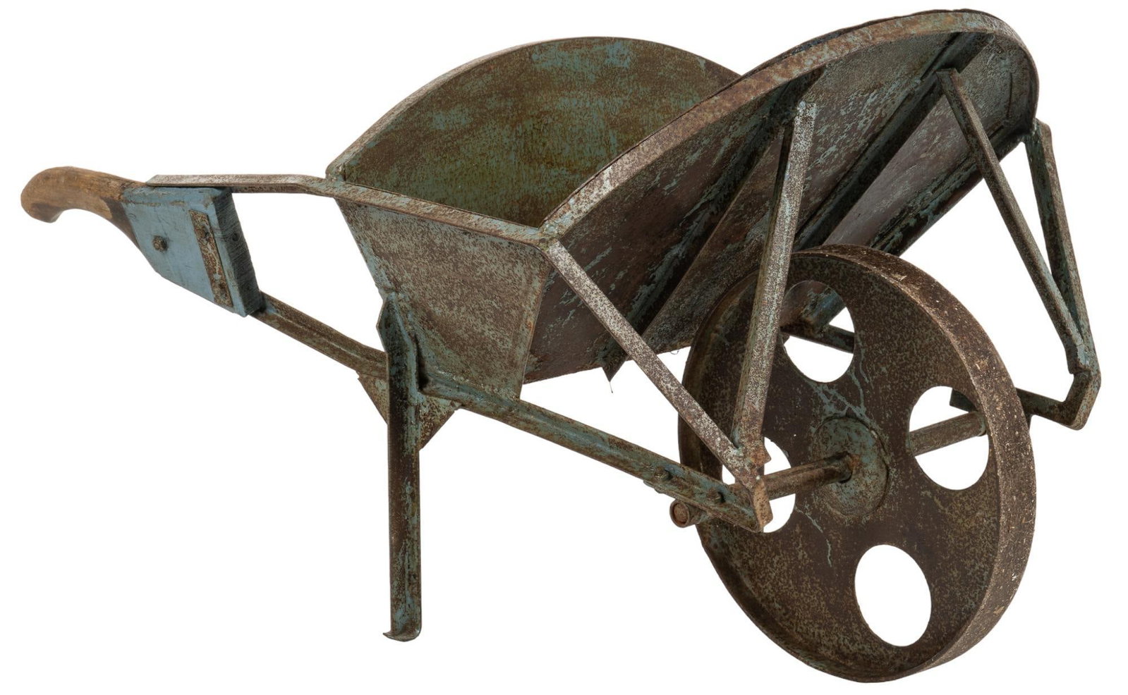 Farmhouse Wheel Barrow: Farmhouse wheel barrow, with metal frame and single wheel, with wooden handles height 26 in. x width 28 in. x depth 43 in. We happily provide seamless shipping services on everything we sell. Please e