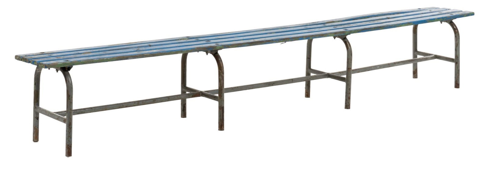 Large Bench: Large bench, slatted wooden seat supported on metal base height 18 in. x width 118 in. x depth 13 in. We happily provide seamless shipping services on everything we sell. Please email us at shipping&#