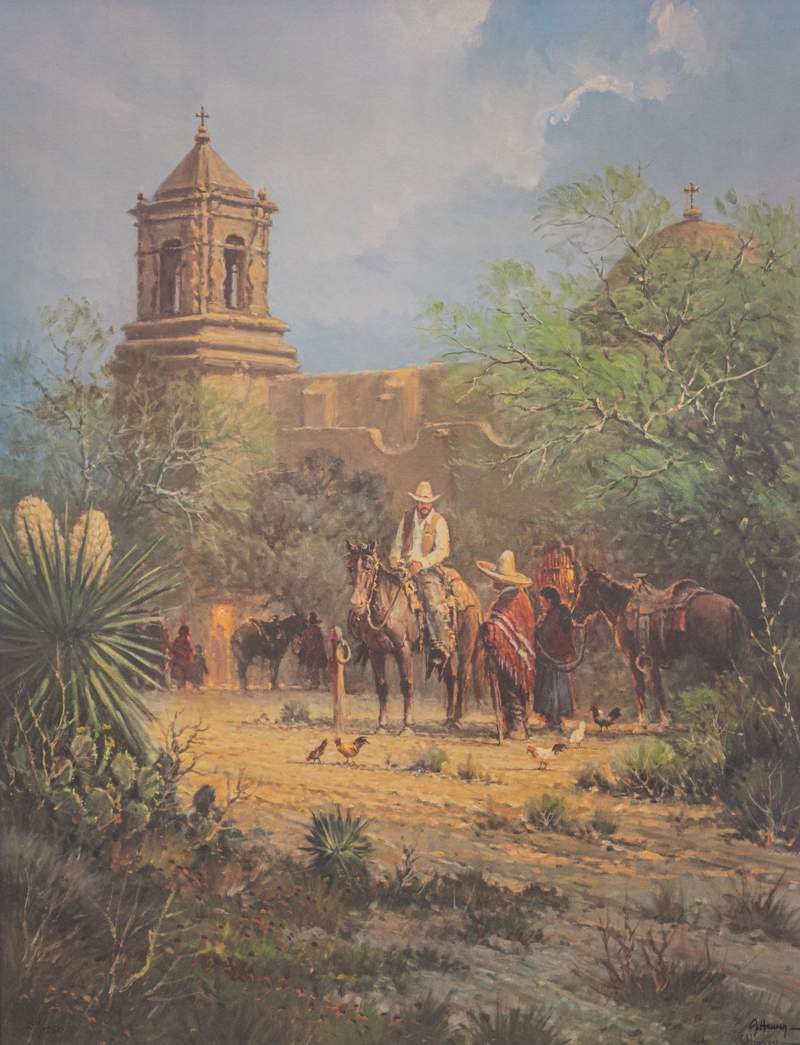G. Harvey, "Mission San Jose", 689/1250: G. Harvey (Gerald Harvey Jones, Texas, 1993-2017), "Mission San Jose", signed and numbered lithograph, ed. 689/1250 plate: 26 x 19.5 in., frame: 41 x 35 in. Provenance: Property from a large h