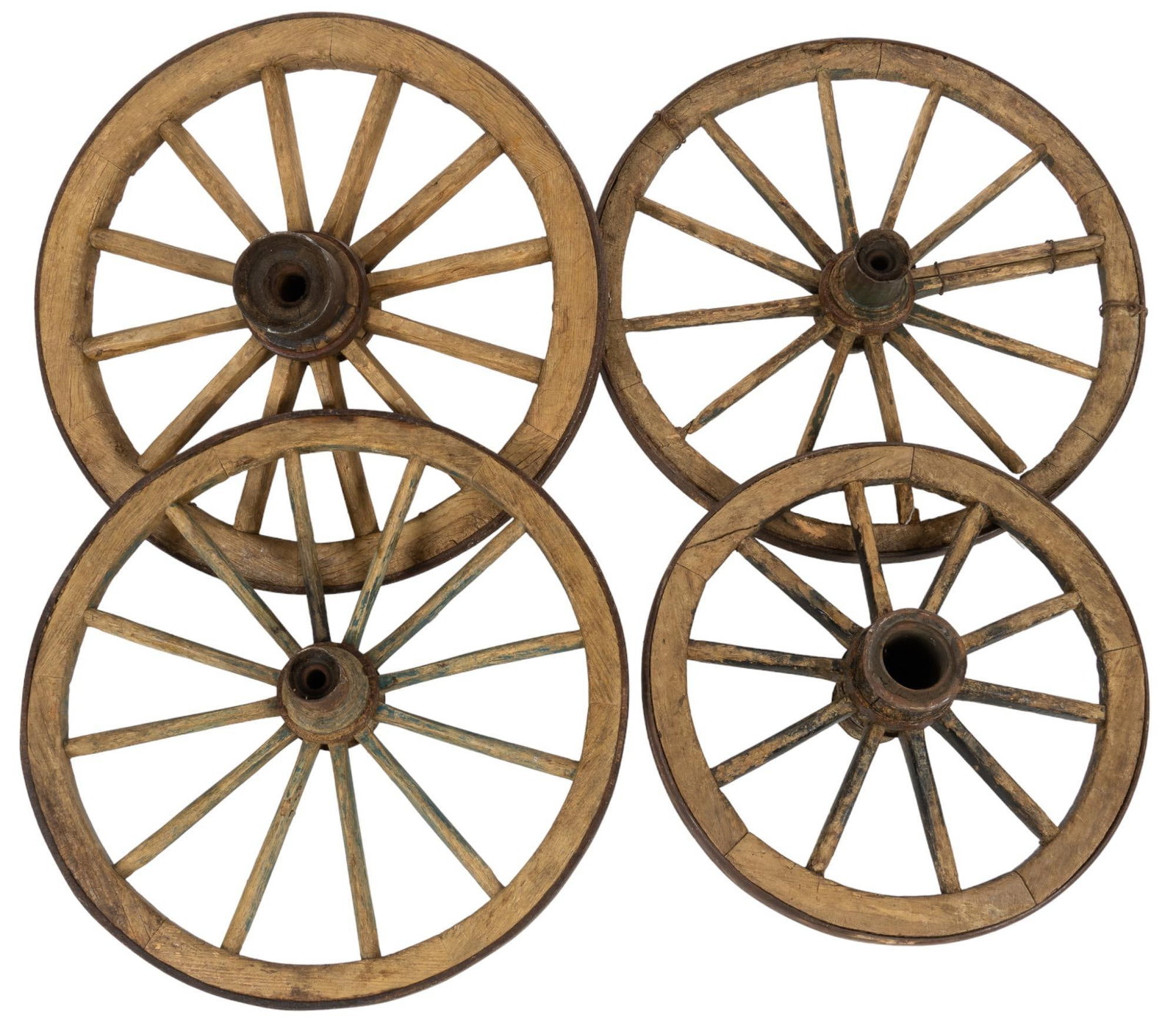 Collection of (4) Rustic Wagon Wheels: Collection of four rustic wooden and iron wagon wheels height 36 in. x width 12 in. x depth 12 in. / largest wheel We happily provide seamless shipping services on everything we sell. Please email us 