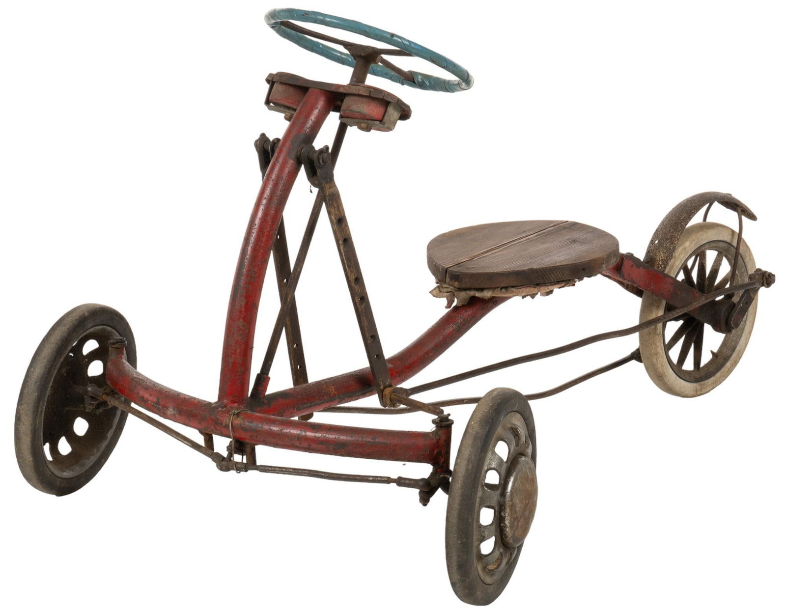 Vintage Tricycle: Vintage tricycle, with red and blue paint, wooden seat height 23 in. x width 26 in. x depth 40 in. We happily provide seamless shipping services on everything we sell. Please email us at shipping&#