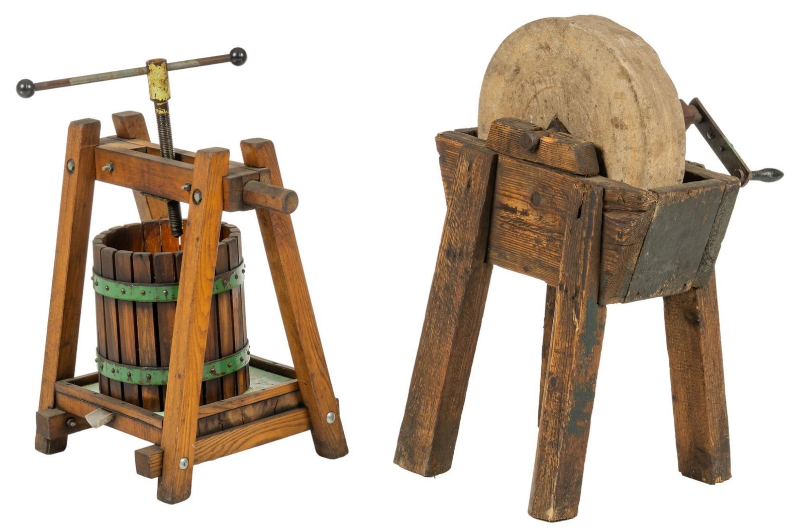 Vintage Grinding Stone and Vineyard Grape Press: Two pieces of vintage farmhouse equipment, including one grinding stone, with crank, supported on block legs, and one vineyard grape press, with metal screw and handle height 31 in. x width 18.5 in. x