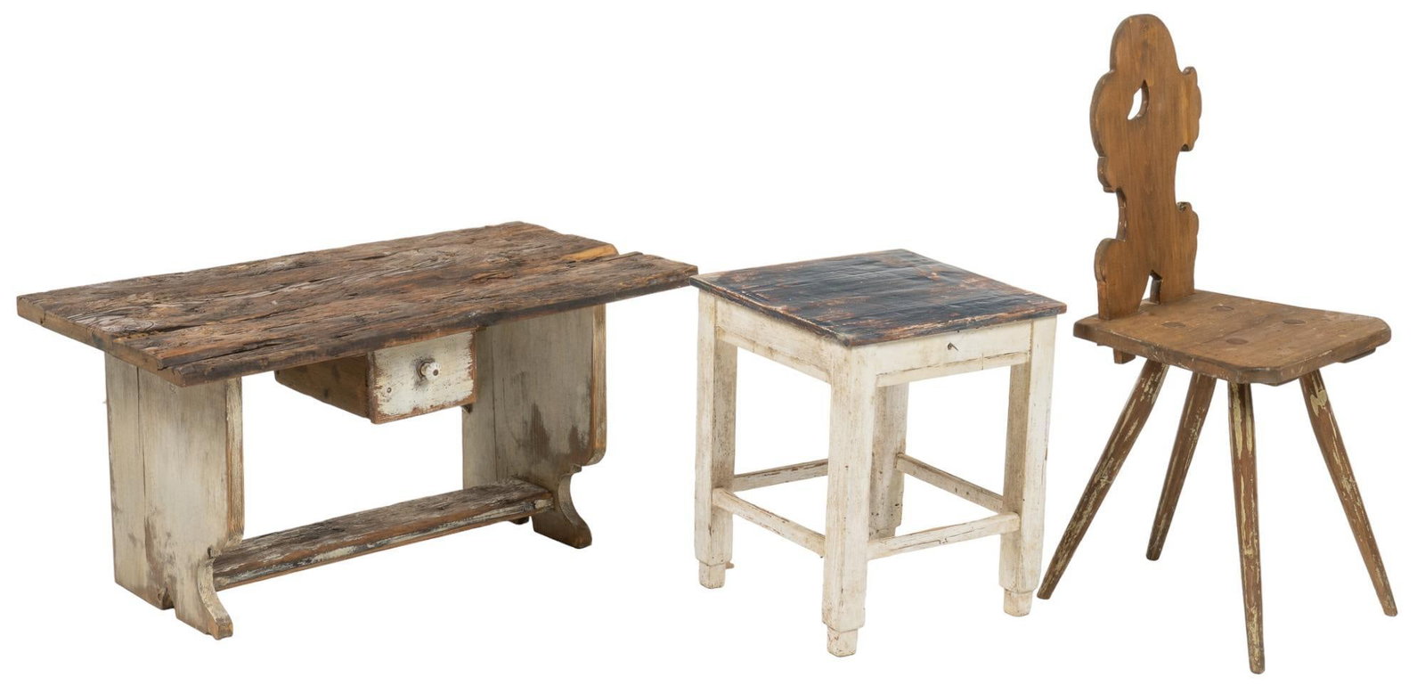 (3) Vintage Wooden Furniture: Three (3) pieces of vintage wooden furniture, two stools and a chair height 30 in. x width 43 in. x depth 16 in. / largest We happily provide seamless shipping services on everything we sell. Please e