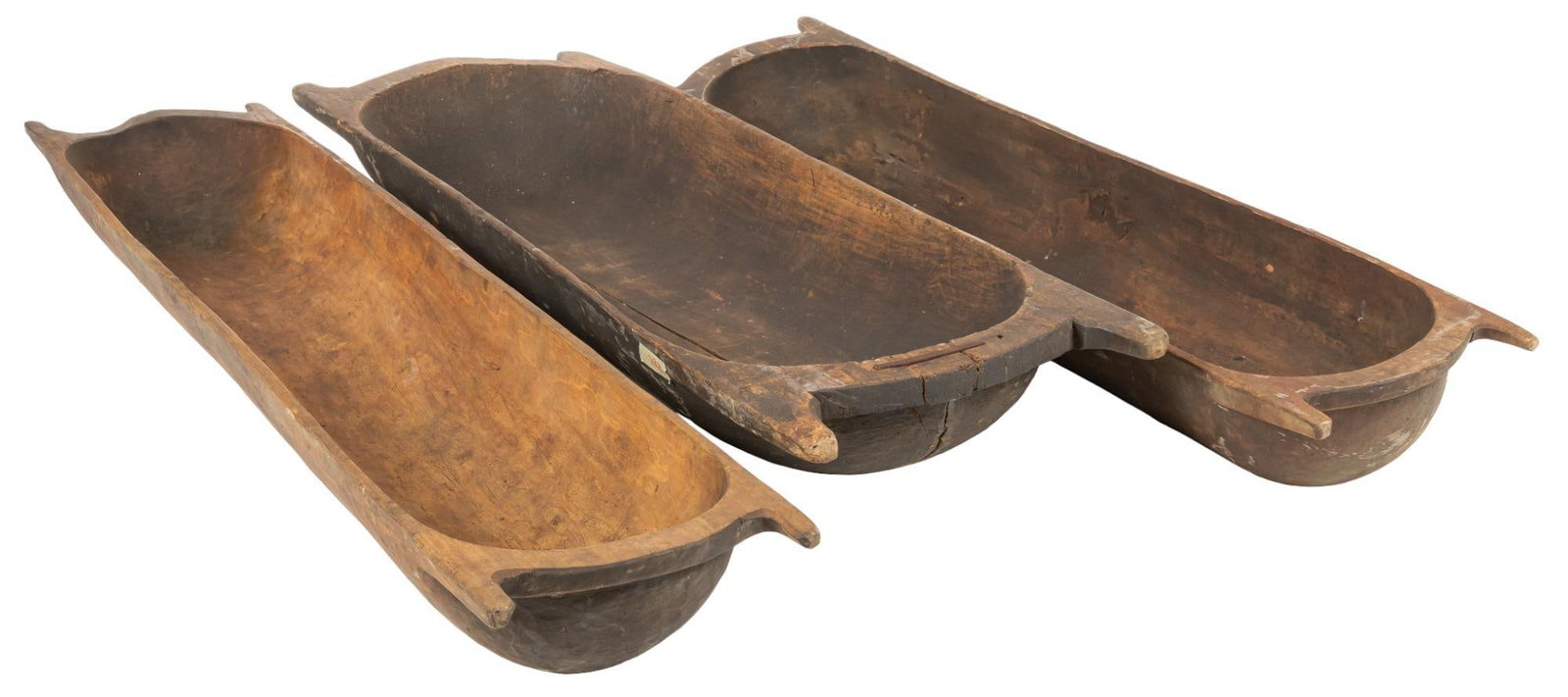 (3) Rustic Dough Troughs: Three rustic dough troughs, with handles height 10 in. x width 85.5 in. x depth 17 in. / longest We happily provide seamless shipping services on everything we sell. Please email us at shipping@vo