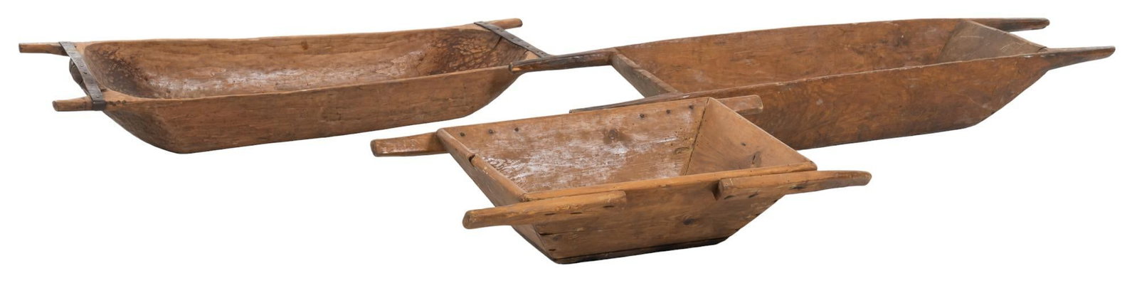 (3) Primitive Wooden Dough Bowls: (3) primitive wooden dough bowls height 7 in. x width 48 in. x depth 15 in. / largest We happily provide seamless shipping services on everything we sell. Please email us at shipping@vogtauction.c