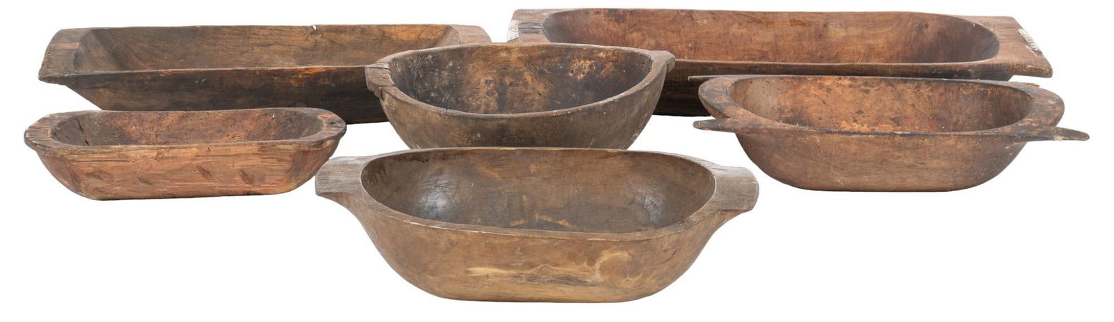 (6) Rustic Dough Troughs: Six rustic wooden dough troughs height 7 in. x width 38.5 in. x depth 14 in. / longest trough We happily provide seamless shipping services on everything we sell. Please email us at shipping@vogta