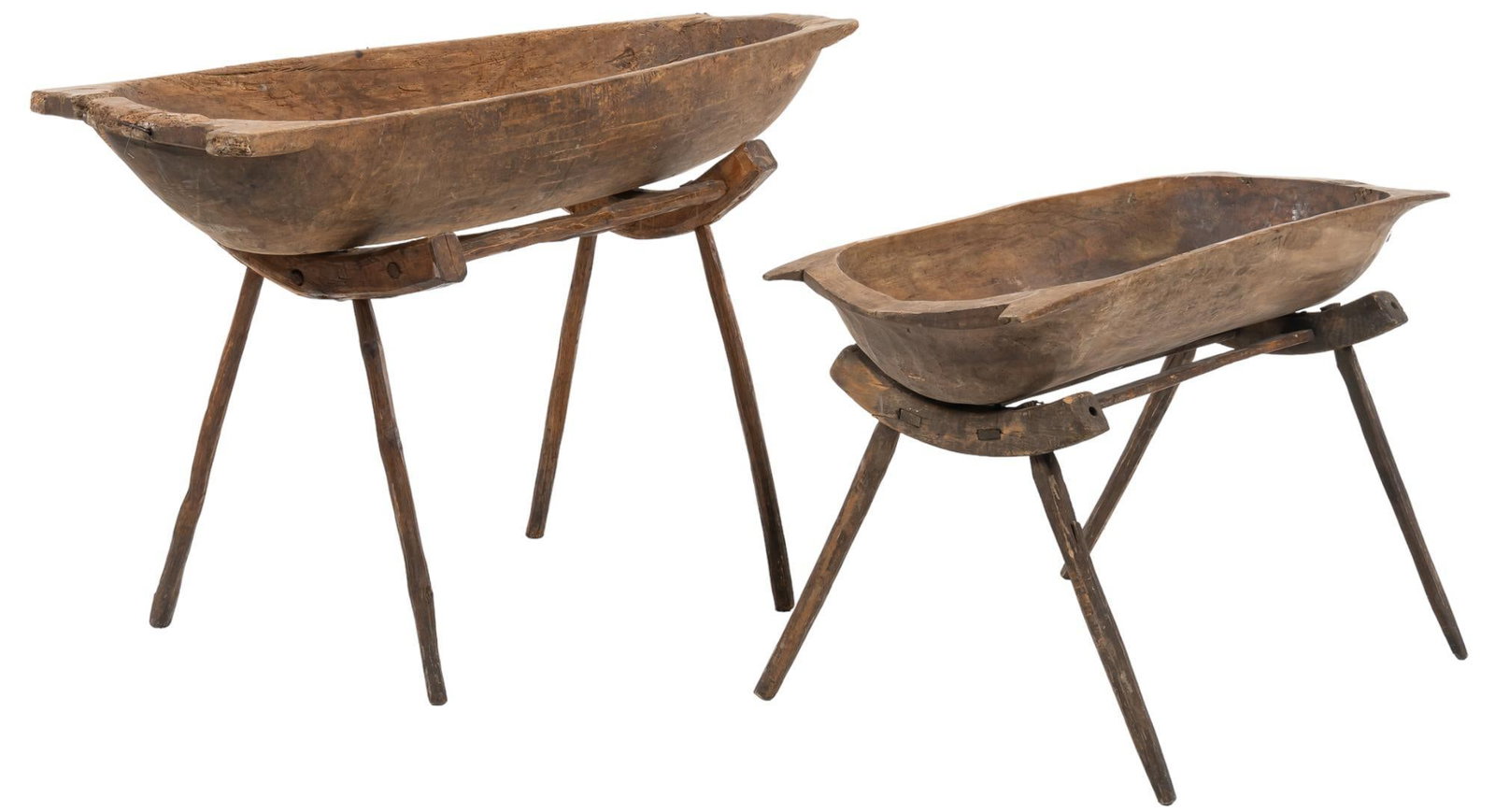 (2) Primitive Wooden Dough Bowls on Stands: Two (2) primitive wooden dough bowls on splayed leg stands height 27 in. x width 29 in. x depth 23 in. / tallest We happily provide seamless shipping services on everything we sell. Please email us at