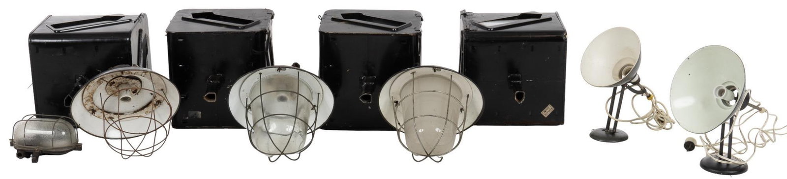 Collection of (10) Light Fixtures: Collection of ten light fixtures, to include four railway lamps, with black metal encasing, three industrial glass and metal light fixtures, two table lamps, and one wall fixture height 26 in. x width