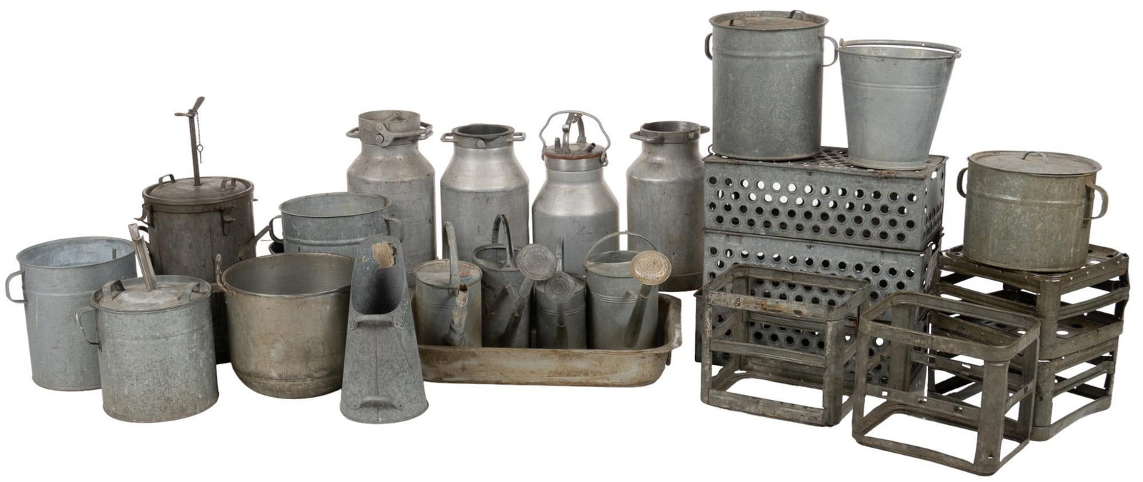 Collection of Galvanized Items: Collection of miscellaneous galvanized items, including crates, watering cans, cannisters, and pots, among others height 31 in. x width 17 in. x depth 17 in. / largest cannister We happily provide sea