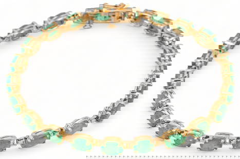 10K Gold Emerald Tennis Bracelet: 10K yellow gold and emerald tennis bracelet, twenty-two (22) four prong basket set faceted oval emeralds (approx 9 tcw), white gold press button tension clasp with safety, marked Includes