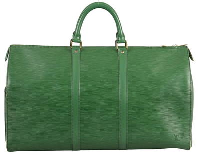 Louis Vuitton Keepall Travel Bag: Louis Vuitton Keepall travel bag of green epi calfskin leather with black stitching, leather handles, and gold toned brass hardware; marked VI0991 (September 1991), includes luggage tag  Condition AB;