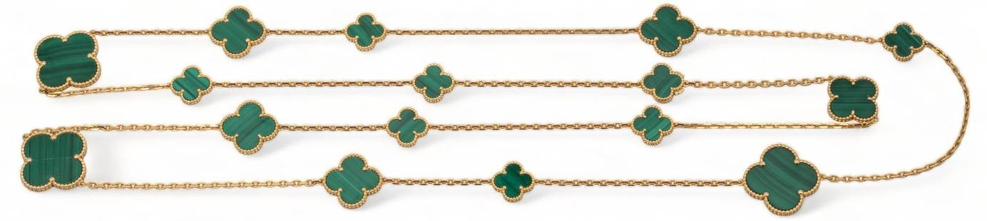 Van Cleef & Arpels Magic Alhambra Malachite 18K Gold Necklace: Van Cleef & Arpels "Magic Alhambra" malachite 18K gold necklace, sixteen (16) malachite motifs, marked length 51 in. Condition: hairline crack in one stone Provenance: Property from a B