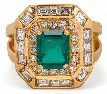 2 ct Emerald and Diamond 18K Gold Ring: 2 ct emerald and 1.28 tcw diamond bespoke 18K yellow gold ring, octagon shaped top, central prong set rectangular step cut natural emerald (approx. 2 ct, 6 tone / 5 saturation, medium-dark, strong