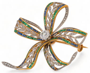 Antique Bow Knot Platinum 18K Gold Diamond Sapphire Emerald Brooch: Antique bow knot platinum 18K yellow gold diamond sapphire emerald brooch, marked length 52 mm. total weight: 18.8 grams Provenance: Property from the estate of life-long antique jewelry