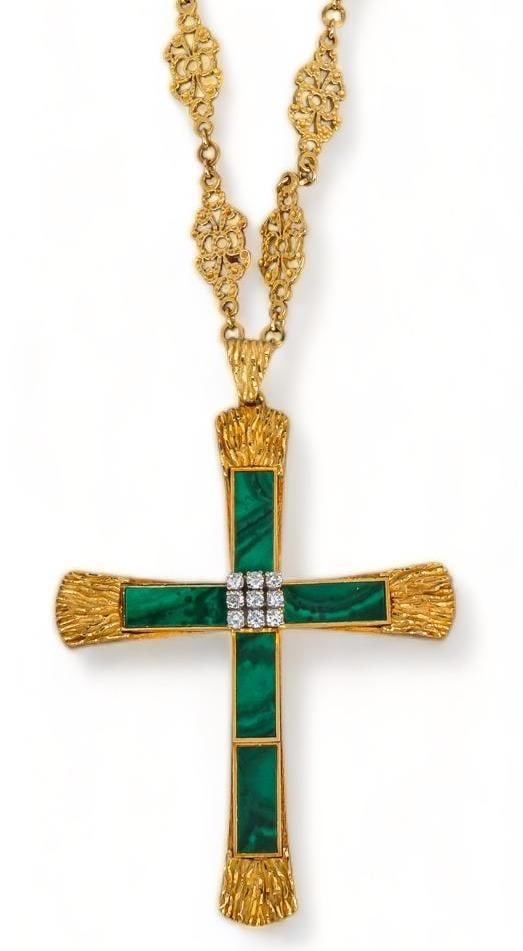 Antique 18K Gold Malachite Diamond Cross on 14K Gold Chain (1 of 7)