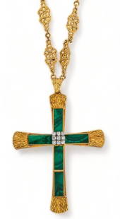 Antique 18K Gold Malachite Diamond Cross on 14K Gold Chain: Antique 18K yellow gold malachite diamond cross on 14K gold chain, central square of 3 x 3 round brilliant diamonds, framed by inlaid malachite, filigree chain, electronically tested chain / length 2