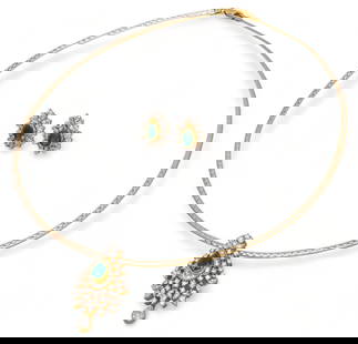 18K Gold Emerald Diamond Earring and Necklace Set: 18K gold emerald diamond earring and necklace set, central pear shaped emeralds, framed by tapered baguette, marquis, and round brilliant diamonds, white and yellow gold, marked earring / length