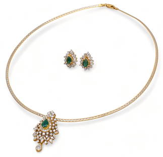 18K Gold Emerald Diamond Earring and Necklace Set: 18K gold emerald diamond earring and necklace set, central pear shaped emeralds, framed by tapered baguette, marquis, and round brilliant diamonds, white and yellow gold, marked earring / length