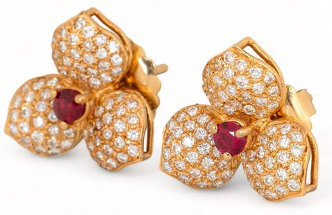 14K Gold Ruby and Diamond Florette Studs: Ruby and diamond florette 14K yellow gold studs, marked  length 17 mm. total weight: 5.9 grams  Provenance: Property from a San Antonio, Texas estate collection  *All diamond or stone details includin