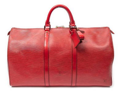 Louis Vuitton Keepall Travel Bag: Louis Vuitton Keepall travel bag of red epi calkskin leather with black stitching, with leather handles, and gold toned brass hardware; marked VI0999 (Sep 1999), includes luggage tag and handle strap