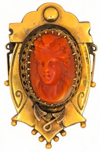 Victorian Carved Sciacca Orange Coral 14K Gold Cameo Brooch: Antique carved Sciacca orange coral 14K yellow gold cameo brooch, gold applied bead work and hand chasing, spin finding, acid tested length 48 mm. x width 24 mm. total weight: 7.8 grams 