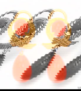 Sardinian Coral and Diamond 14K Gold Omega Clasp Drop Earrings: Sardinian coral and diamond 14K yellow gold omega clasp drop earrings, marked length 28 mm. total weight: 9.9 grams Provenance: Property from a prominent San Antonio, Texas family collection 