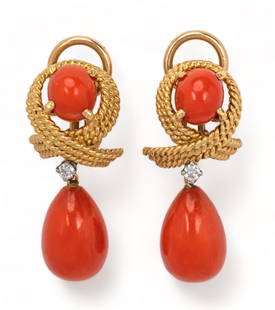 Sardinian Coral and Diamond 14K Gold Omega Clasp Drop Earrings: Sardinian coral and diamond 14K yellow gold omega clasp drop earrings, marked  length 28 mm. total weight: 9.9 grams  Provenance: Property from a prominent San Antonio, Texas family collection  *All d