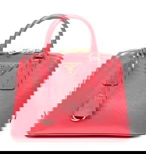 Prada Small Promenade Bag Shoulder Bag: Prada Small Promenade shoulder bag of fuchsia pink Saffiano Vernis calfskin leather with fuchsia pink leather handles, and gold tone hardware; marked BL0838, includes shoulder strap, card, clochette,