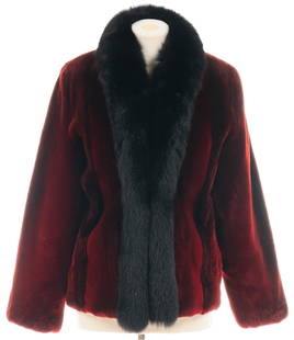 Canadian Red Ombre Sheared Beaver Fur Coat: Canadian red ombre sheared beaver fur jacket with rolled black fox collar banded down front sides, slit pockets, full lining and one button two clip closure from top of collar / length 28 in. 