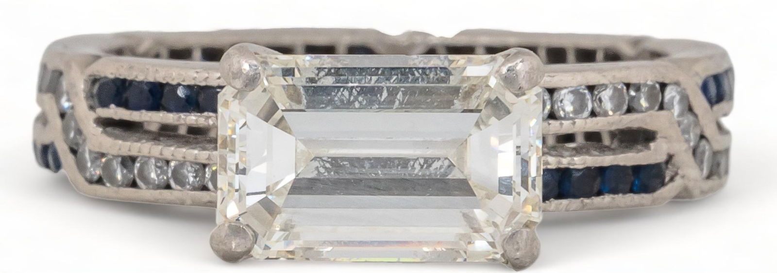 Platinum Emerald Cut Diamond and Sapphire Ring (1 of 5)