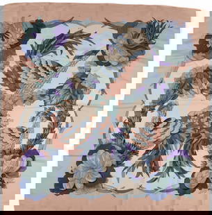 Hermes Paris Tahiti Bird Silk Scarf: Hermes Paris Caty Latham "Tahiti" silk scarf of graphic floral and avian motif in pink and blue; first edition created in 1971 Square 35 in. Provenance: Property from a San Antonio, Texas e