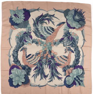 Hermes Paris Tahiti Bird Silk Scarf: Hermes Paris Caty Latham "Tahiti" silk scarf of graphic floral and avian motif in pink and blue; first edition created in 1971 Square 35 in. Provenance: Property from a San Antonio, Texas e