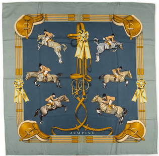 Hermes Paris Jumping Silk Scarf: Hermes Paris Philippe Ledoux &#34;Jumping&#34; silk scarf of equestrian motif in blue and gold; first edition created in 1971  Square 34 in.   Provenance: Property from a San Antonio, Texas estate col