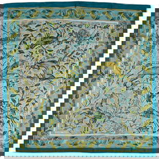 Hermes Paris Pavement Silk Scarf: Hermes Paris Maurice Tranchant "Pavement" silk scarf of graphic zoomorphic tile mosaic motif in shades of blue and green; first edition created in 1970 Square 35 in. Provenance: Property fr