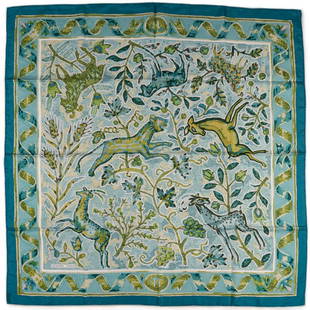 Hermes Paris Pavement Silk Scarf: Hermes Paris Maurice Tranchant "Pavement" silk scarf of graphic zoomorphic tile mosaic motif in shades of blue and green; first edition created in 1970 Square 35 in. Provenance: Property fr