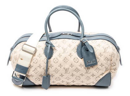 Louis Vuitton Ltd.Ed. Printemps Shoulder Bag: Louis Vuitton Limited Edition Printemps - Ete 2012 Round Speedy shoulder bag of ivory monogram canvas and blue leather, with leather handles and silver toned brass accents; marked AR0182 (8th week of