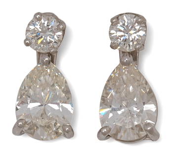 14K Gold Diamond Drop Post Earrings: 14K white gold and diamond drop post earrings, pear and full cut diamonds (.42 tcw), electronically tested Includes June 1987 appraisal by Fazzare Jewelers, California with estimated retail replaceme