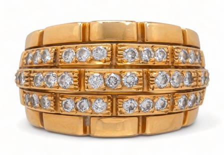 Vintage Cartier Maillon Panthere 5 Row 18K Diamond Bombe Ring: Vintage Cartier Maillon Panthere 5 row 18K yellow gold diamond bombe ring, thirty nine (39) round brilliant cut diamonds (clarity VVS1, color F), marked size: 7.5 total weight: 15.4 grams Provenance