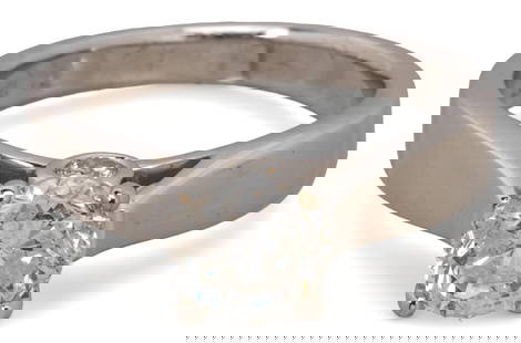 14K Gold Solitaire Diamond Engagement Ring: 14K white gold diamond (1.30 tcw) solitaire engagement ring, central prong set round brilliant diamond, gallery set round brilliant diamonds, marked Includes June 2023 appraisal by Dennis Jewlery, Sa