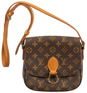 Louis Vuitton St. Cloud PM Shoulder Bag: Louis Vuitton Saint Cloud PM shoulder bag of coated brown monogram canvas with vachetta leather strap handle, and gold toned brass hardware 7 in. x 7.5 in. x 2.25 in. Condition AB; very good condit